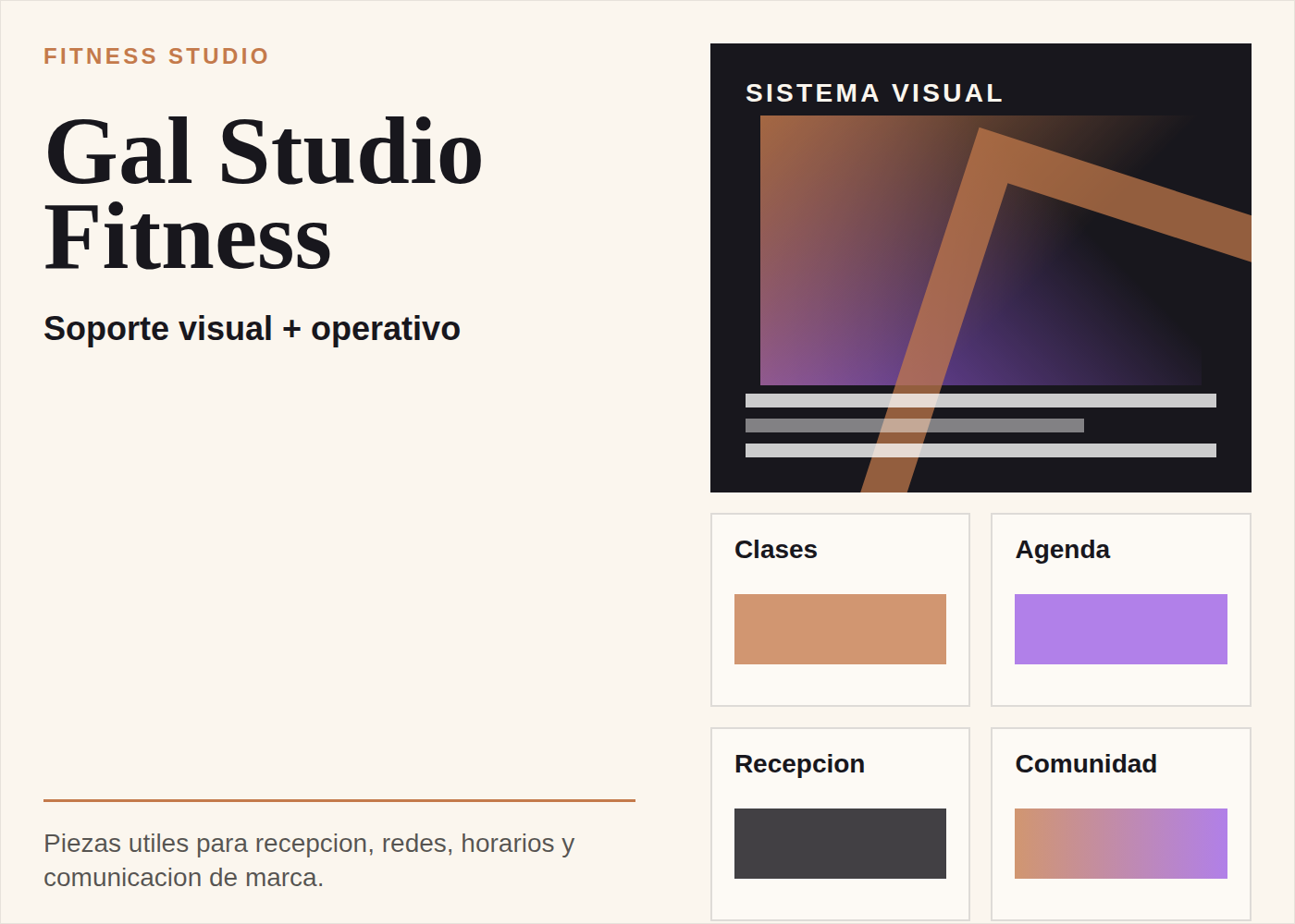 Visual generado de referencia para Gal Studio Fitness, comunicación visual y soporte operativo