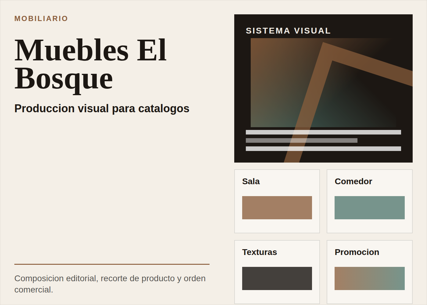 Visual generado de referencia para Muebles El Bosque, mobiliario y catálogos comerciales
