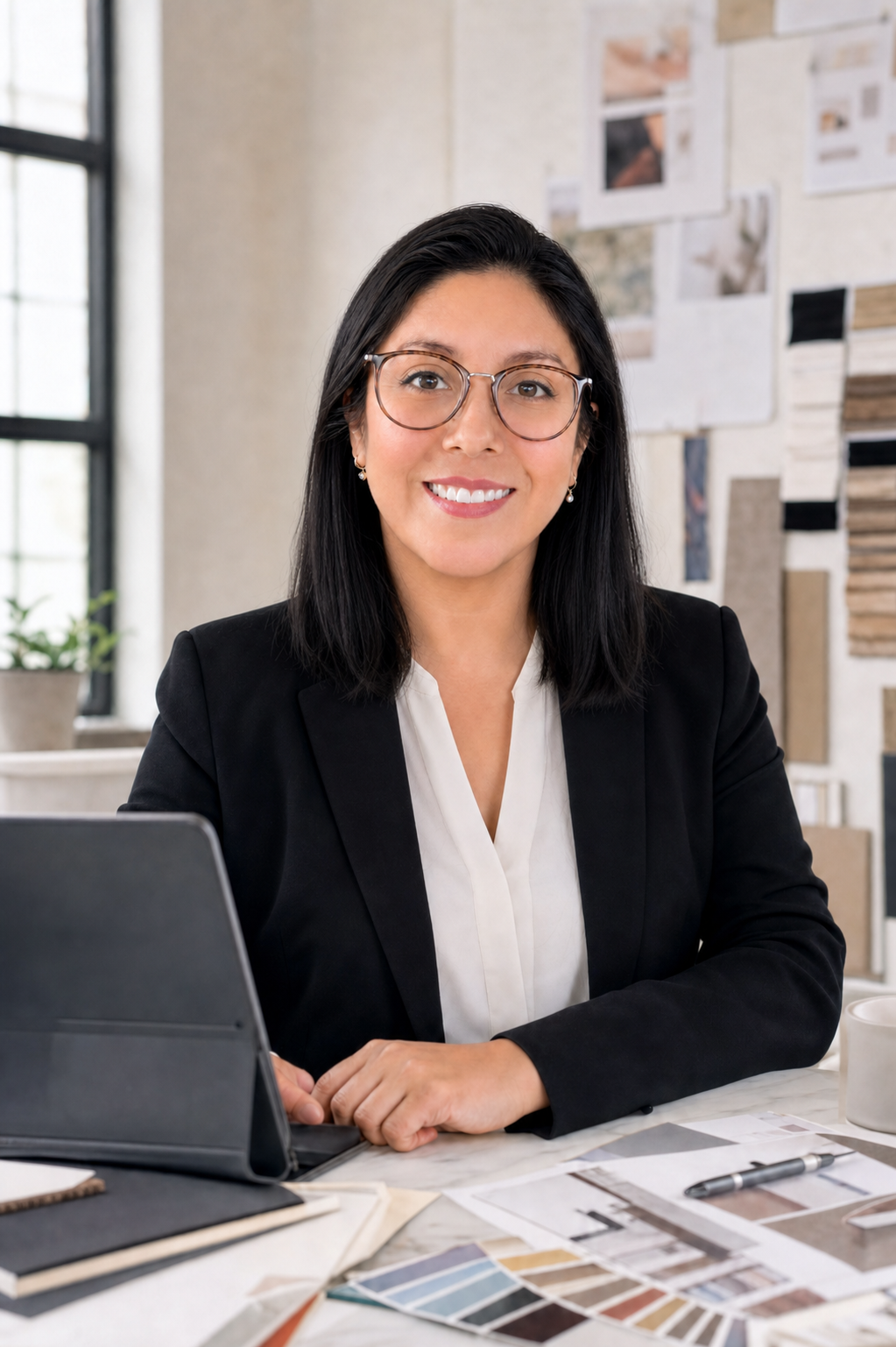 Erika Alvarado trabajando en una mesa de diseño con referencias visuales